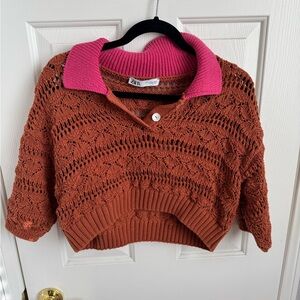 Zara Women's V-Neck Sweater in Brown and Pink